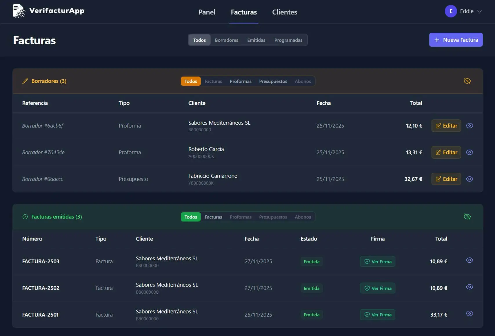 Panel de facturación VeriFactu
